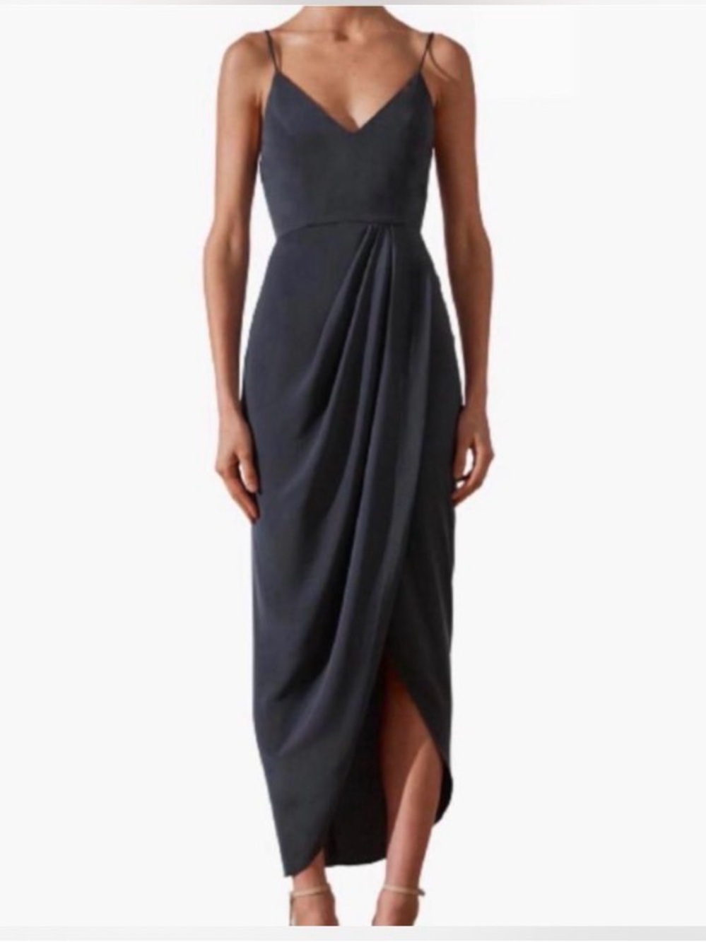 Shona Joy Cocktail Draped Midi Dress Gray Tulip Hem US 6